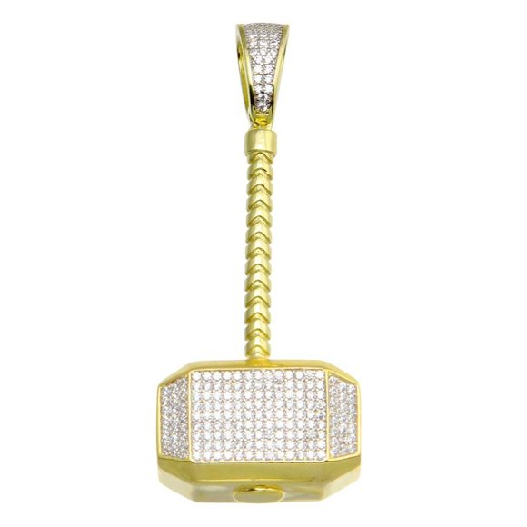 Sterling Silver 925 Gold Plated CZ Thor's Hammer Hip Hop Pendant
